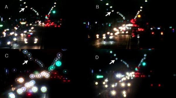 휴대용 모델 눈으로 촬영한 야간도로. A: 단초점 인공수정체, B: 향상된 기능의 단초점 인공수정체, C: 다초점 인공수정체, D: 연속초점 인공수정체